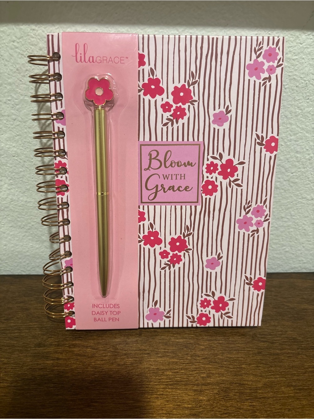 Bloom With Grace Pink Floral Spiral Notebook + Gold Daisy Top Pen